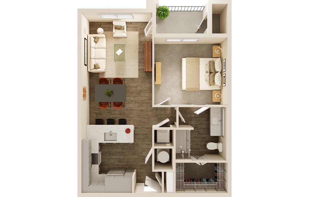 A2P - 1 bedroom floorplan layout with 1 bath and 738 square feet. (3D)