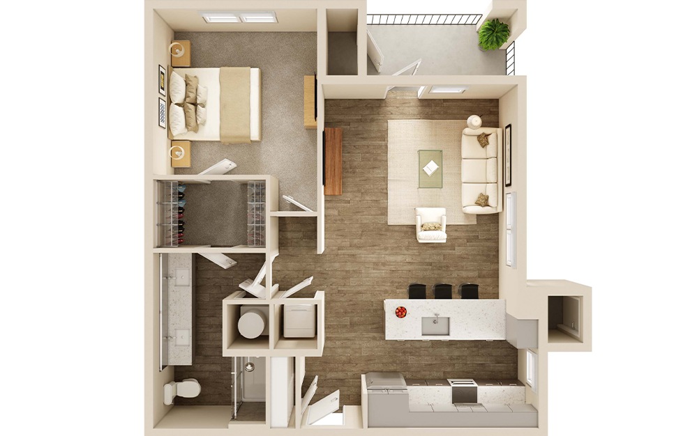 A3P/A3AP - 1 bedroom floorplan layout with 1 bath and 844 to 857 square feet. (3D)