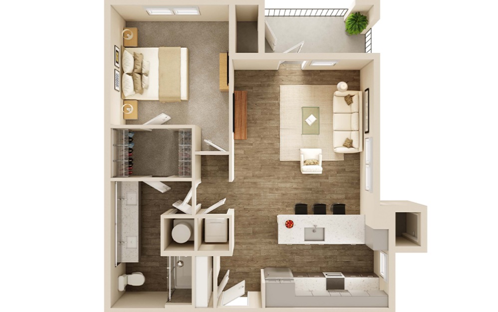 A3P/A3AP - 1 bedroom floorplan layout with 1 bathroom and 844 - 857 square feet (3D)