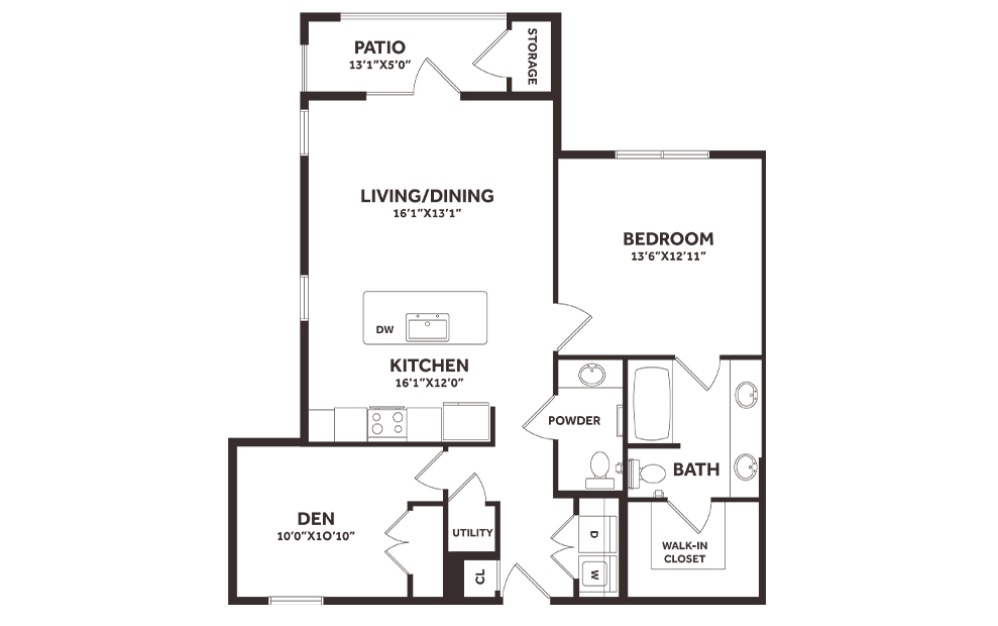 A4DP - 1 bedroom floorplan layout with 1.5 bathroom and 959 - 977 square feet (2D)