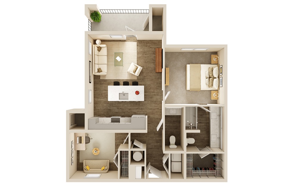 A4DP - 1 bedroom floorplan layout with 1.5 bathroom and 959 - 977 square feet (3D)