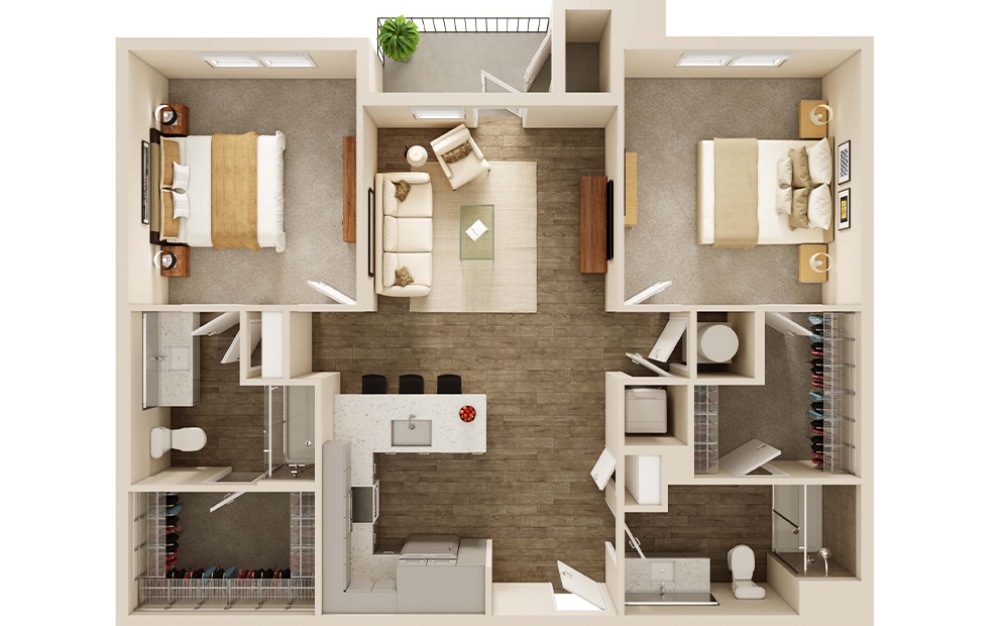 B1/B1A - 2 bedroom floorplan layout with 2 bathrooms and 1064 square feet (3D)