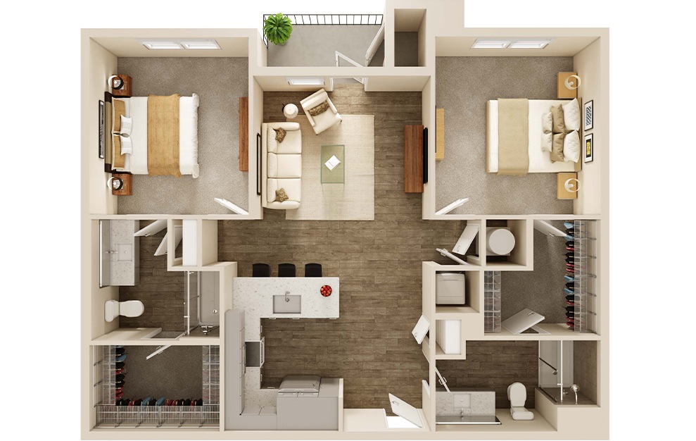 B1/B1A - 2 bedroom floorplan layout with 2 baths and 1064 square feet. (3D)