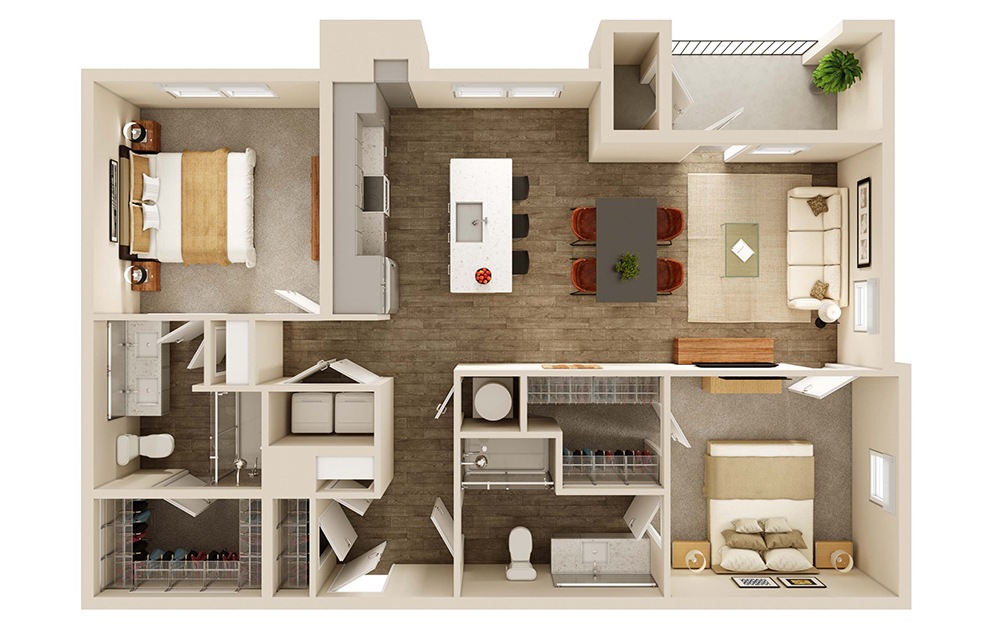 B2 - 2 bedroom floorplan layout with 2 baths and 1149 to 1152 square feet. (3D)