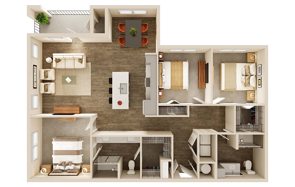 C1/C1A - 3 bedroom floorplan layout with 2 baths and 1398 square feet. (3D)